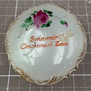 Vintage Souvenir Trinket Jar Cincinnati Zoo Hand Painted Floral Gold Gilt